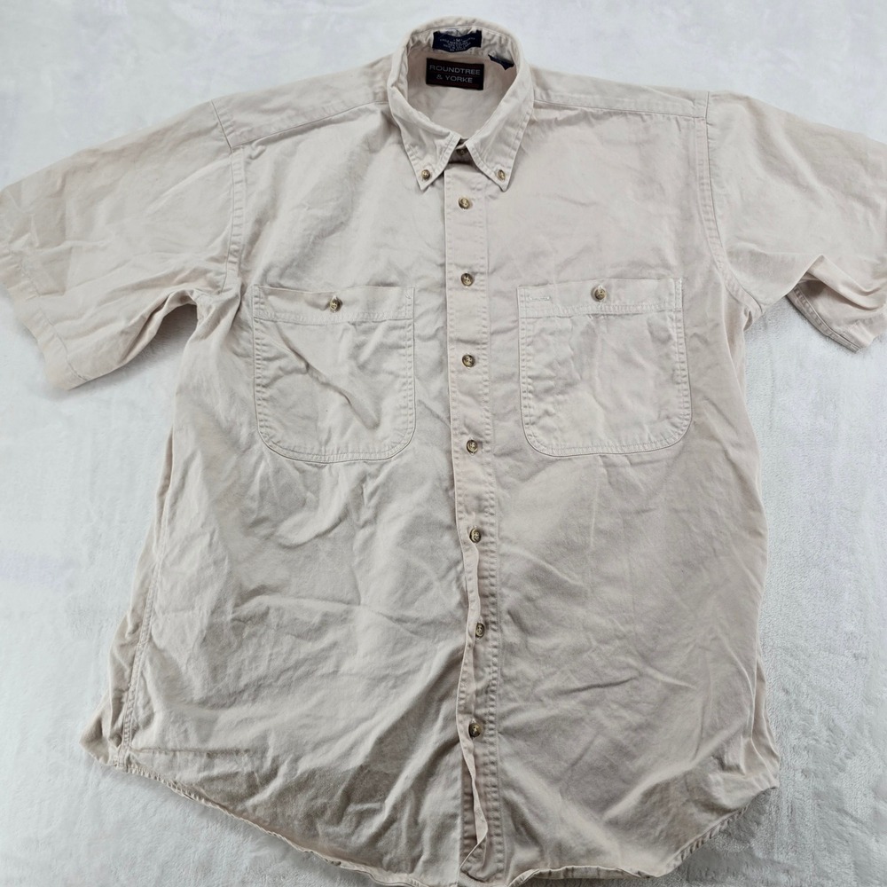 Roundtree & Yorke Button Down Mens M Shirt Beige Short Sleeve Cotton